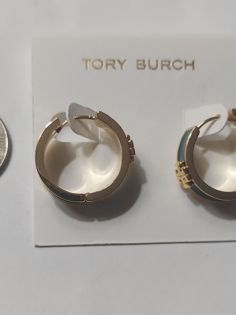 Tory Burch Gold and Green Enamel Hoop Earrings